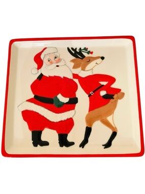 Department 56 Vintage Santa & Reindeer Christmas Holiday Serving Tray Excellent